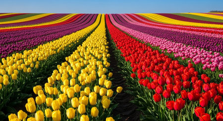 Colorful tulip fields in Holland, Netherlands. Spring landscape.の写真素材