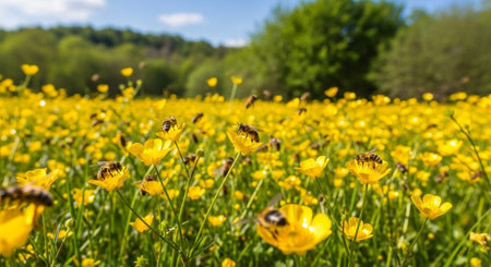 Bee on a yellow buttercup flower meadow in spring, panorama
