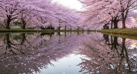 Cherry blossoms in full bloom with reflection in the pond.の写真素材