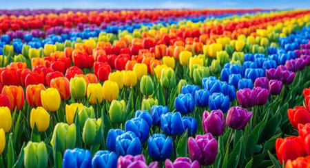 Multicolored tulips in an agricultural field in sunlight in springの写真素材