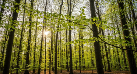 Sunlight in the green forest. Spring time. Nature background.