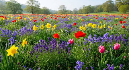 Colorful tulips and hyacinths in a field in spring