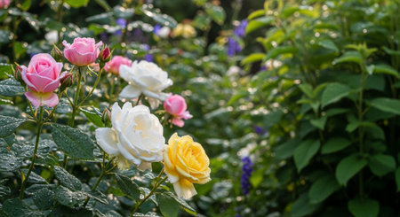 Beautiful roses in the garden on a background of green foliage.