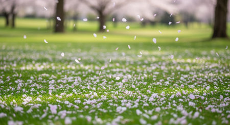 Beautiful cherry blossom petals flying in the air on green grass