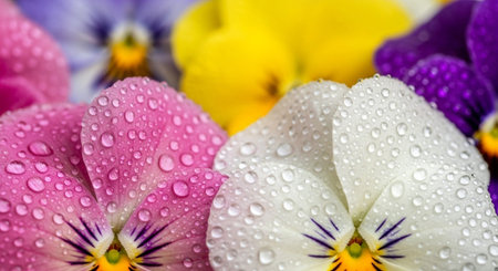 Colorful pansy flowers with water drops close-up macro photography