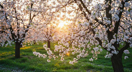 Beautiful blooming apple orchard in spring at sunset. Cherry blossom. Spring landscape.
