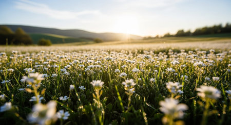 Field of daisies at sunset. Beautiful spring landscape with daisies.