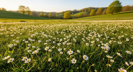 White daisies on a meadow at sunrise in springtime