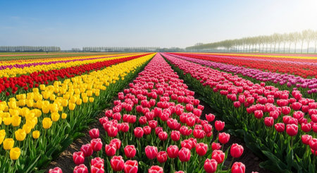 Tulips in a sunny field in spring, Holland, Netherlands