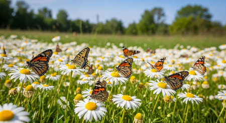 Butterflies on daisies in a meadow in summer