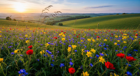 Meadow with cornflowers and poppies at sunsetの写真素材