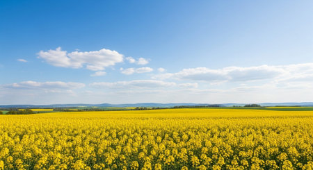 Rapeseed field with blue sky and white clouds, panorama