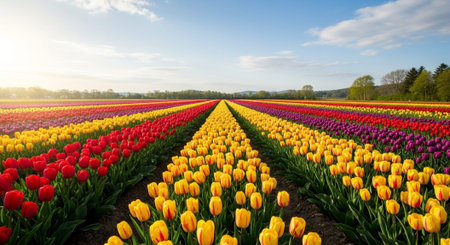 Colorful tulips growing in an agricultural field in sunlight in spring