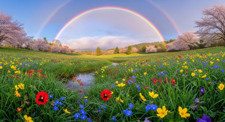 Spring landscape with blooming meadow and rainbow in the sky.の写真素材