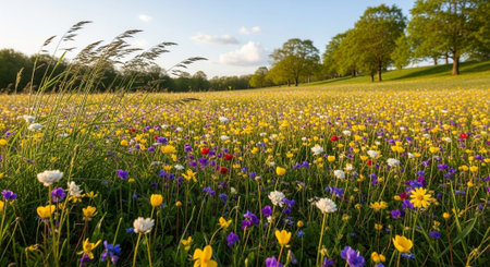 Colorful spring flowers in a meadow in sunlight in springtime