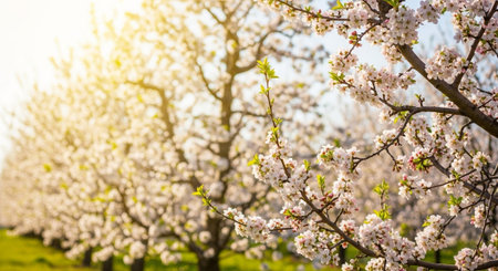 Blossoming of cherry trees in spring time. Shallow depth of field.