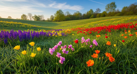 Colorful tulip flowers on a meadow in springtime.