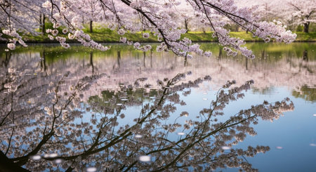 Cherry blossoms and reflection in the lake, Tokyo, Japan