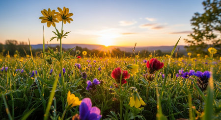 Beautiful spring flowers on the meadow at sunset. Landscape.