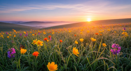Sunrise over the meadow with poppies and wildflowers