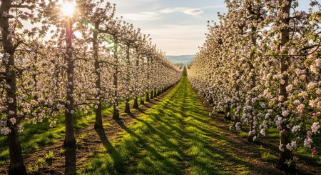Blossoming apple orchard in springtime in the countryside.