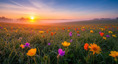 Sunrise over a meadow with poppies and other flowers