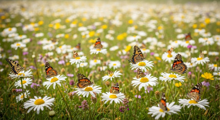 Butterflies on daisies in a meadow in summer