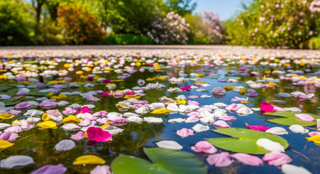 Colorful lotus petals floating on water surface in garden.