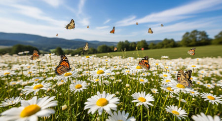 Field of daisies and butterflies in Bavaria, Germany.