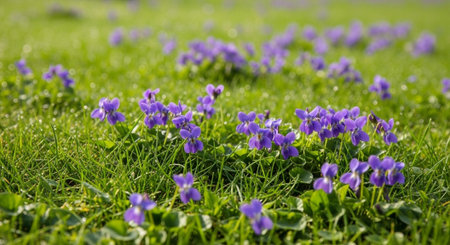 Viola odorata. Violet flowers on green meadow in spring