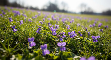 Purple viola flowers in a meadow in early spring.