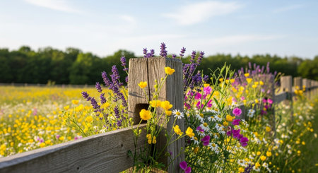 Wildflowers on a wooden fence in a meadow in summer