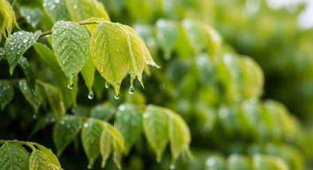 Green leaves with drops of water after the rain. Nature background.