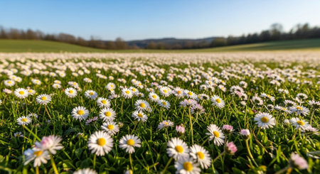 Field of daisies on a sunny day in springtime.
