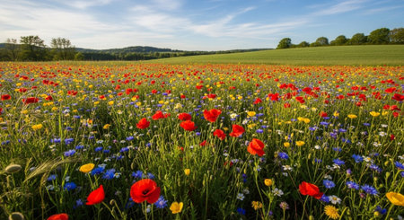 Field of cornflowers and poppies with blue sky in background