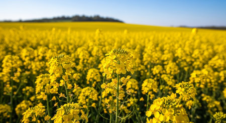 Field of yellow rape with blue sky in background, close-up