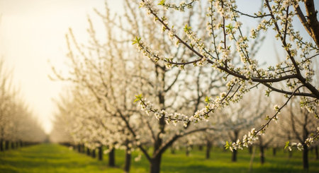 Beautiful blooming apple orchard in spring time, selective focus