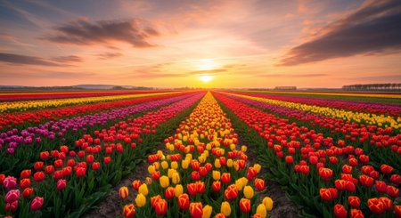 Colorful tulips in a field at sunset in spring, Holland