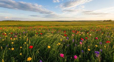 Beautiful meadow with colorful poppies and other flowers at sunset