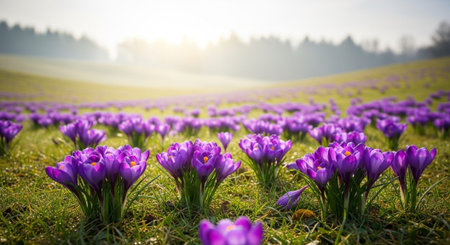Beautiful purple crocus flowers in the meadow. Spring landscape.