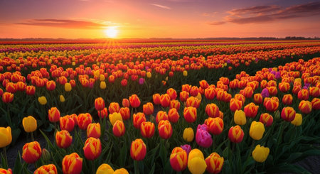 Colorful tulip flowers in an agricultural field at sunset in springの写真素材