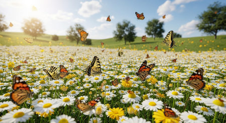 Field of daisies and butterflies on a sunny summer day.の写真素材
