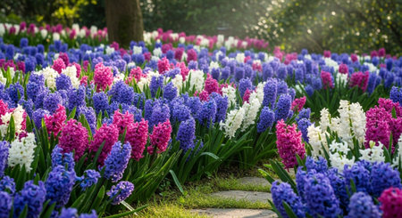 Colorful hyacinths blooming in the garden. Spring backgroundの写真素材