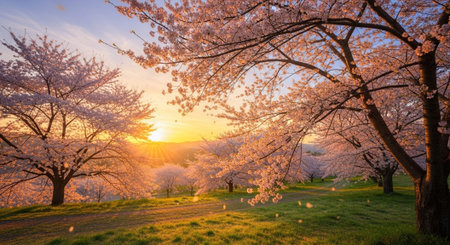 Cherry blossoms in full bloom at sunset in the spring.