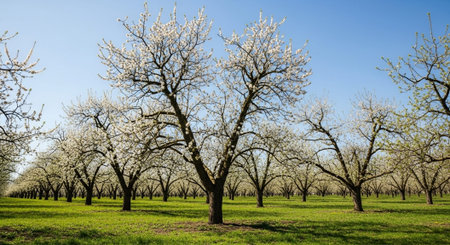 Blossoming trees in orchard in spring, panoramic view