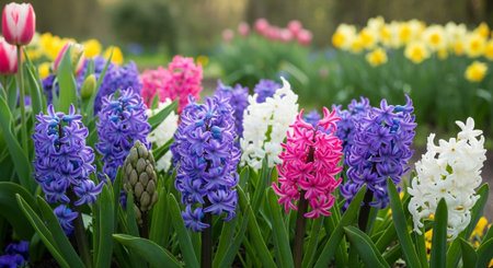Colorful hyacinths and daffodils in spring garden