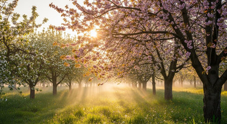Beautiful blooming apple orchard at sunrise. Spring landscape.