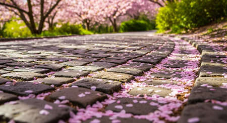 Cherry blossoms and stone walkway in the park in spring