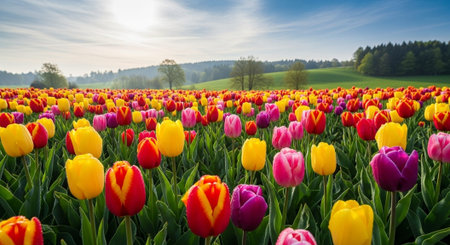 Colorful tulips in an agricultural field in sunlight in springtime