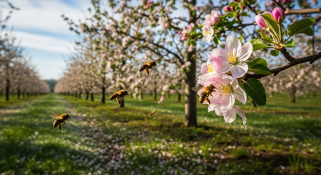 Bees pollinate the flowers of an apple tree in spring.